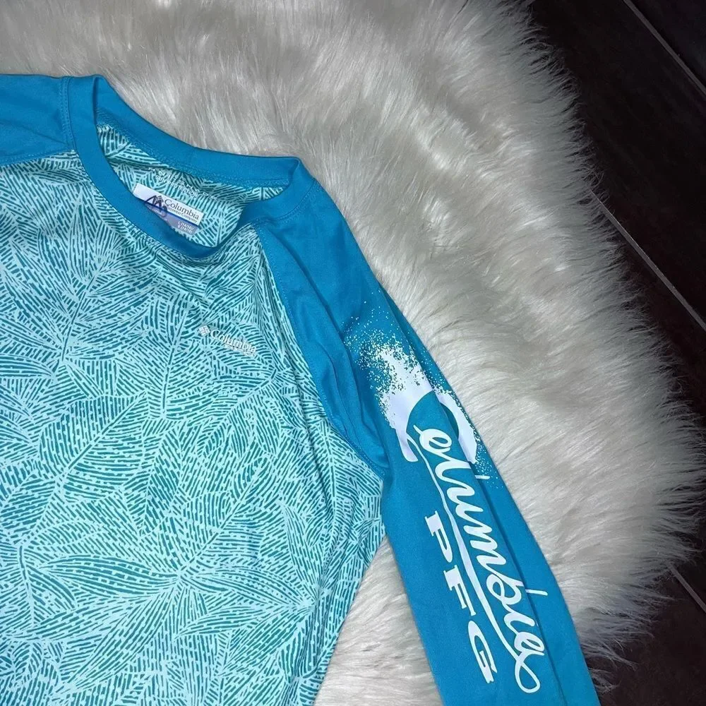 Columbia turquoise/sea green print rash gaurd sz large(14/16)